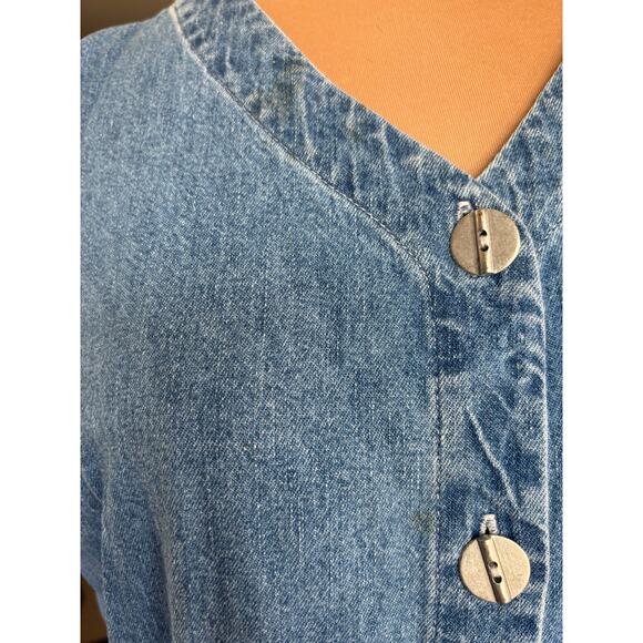 Vintage 90s Faded Glory Denim Button Front Midi Dress Short Sleeve Vneck Pockets - Picture 8 of 12